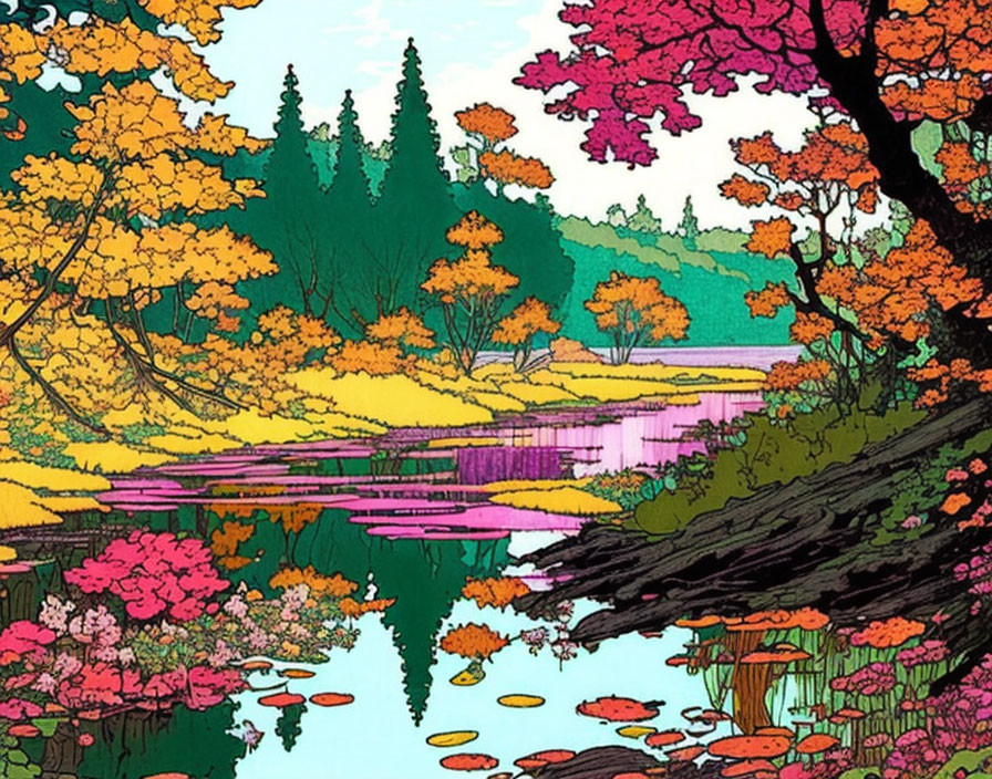 Colorful Autumn Landscape Illustration with Trees and Lake Reflections