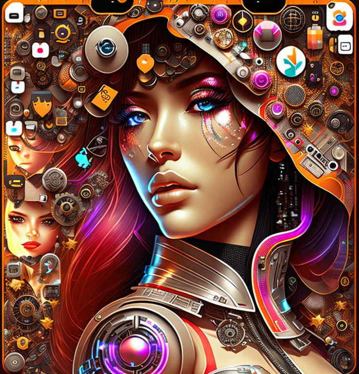 Colorful digital artwork: Woman with mechanical and human elements