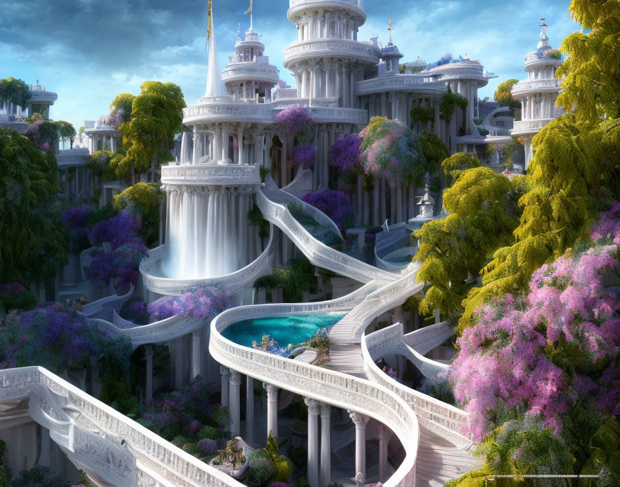 Fantastical cityscape with white marble architecture, waterfalls, greenery, and purple flora