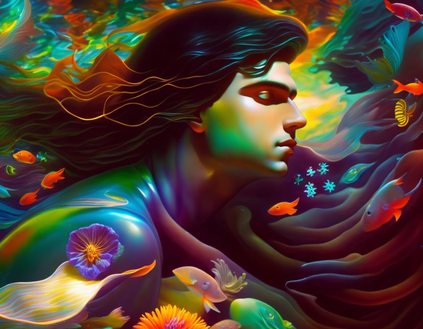 Colorful surreal art featuring person with swirling flowers and fish