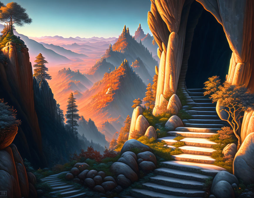 Stone steps through cave opening to sunrise-lit mountains with lone tree