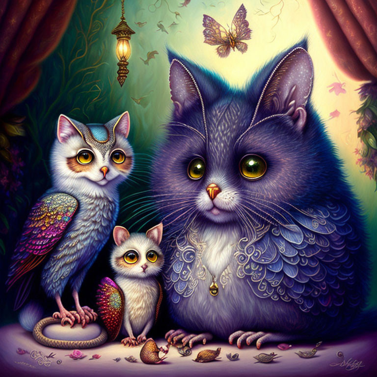 Whimsical fantasy illustration of three cats with unique features and butterflies