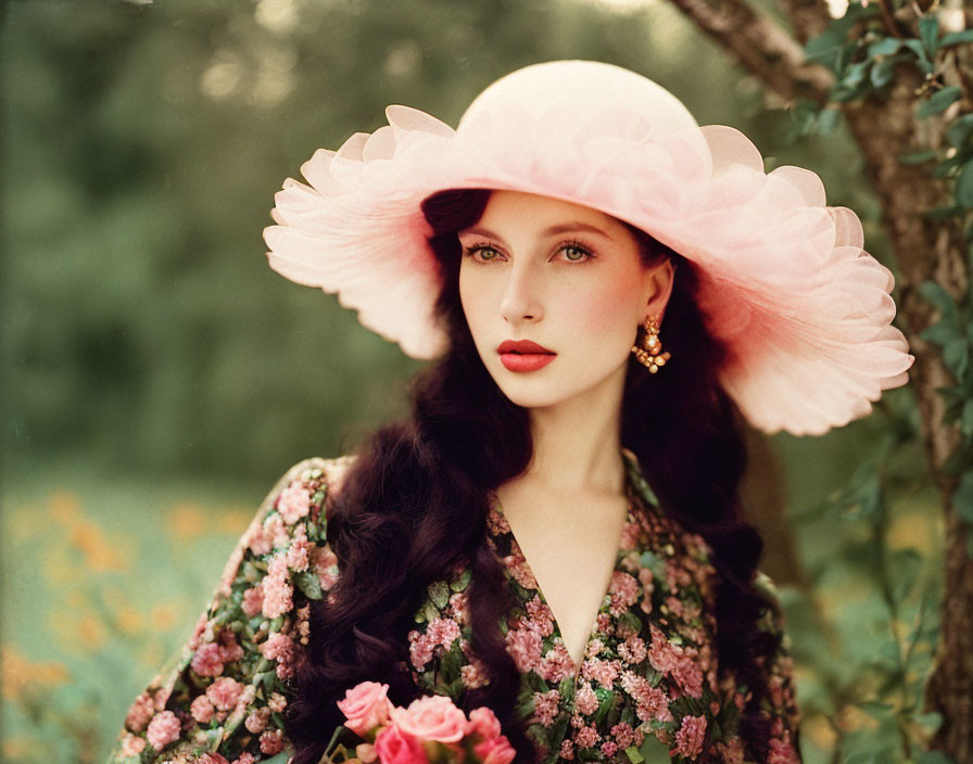 Dark-Haired Woman in Pink Hat and Floral Dress Outdoors