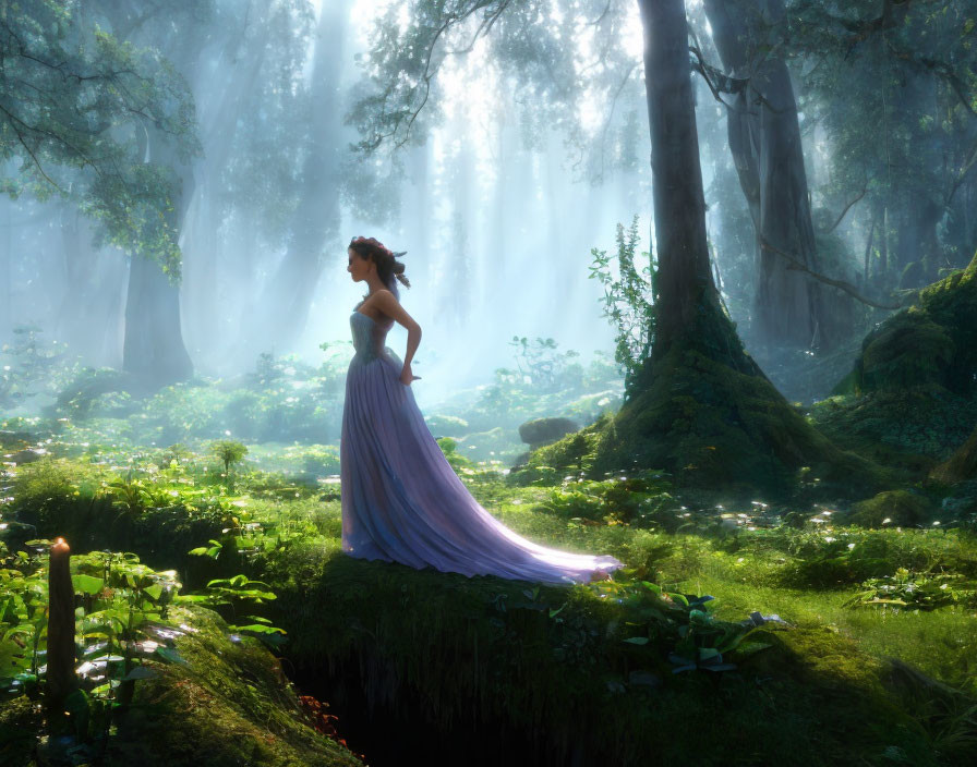 Woman in flowing gown in sunlit forest clearing