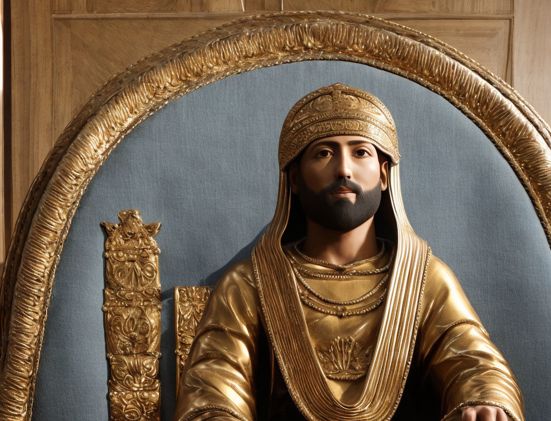 Regal Figure in Traditional Golden Attire and Headdress on Ornate Wooden Backdrop