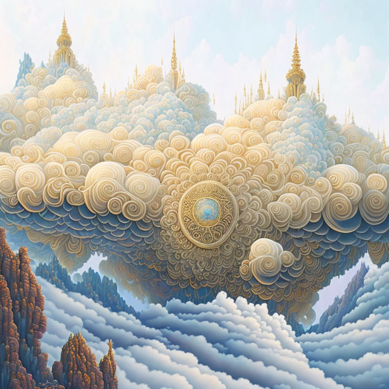 Fantastical landscape with golden spiraled clouds and ornate towers