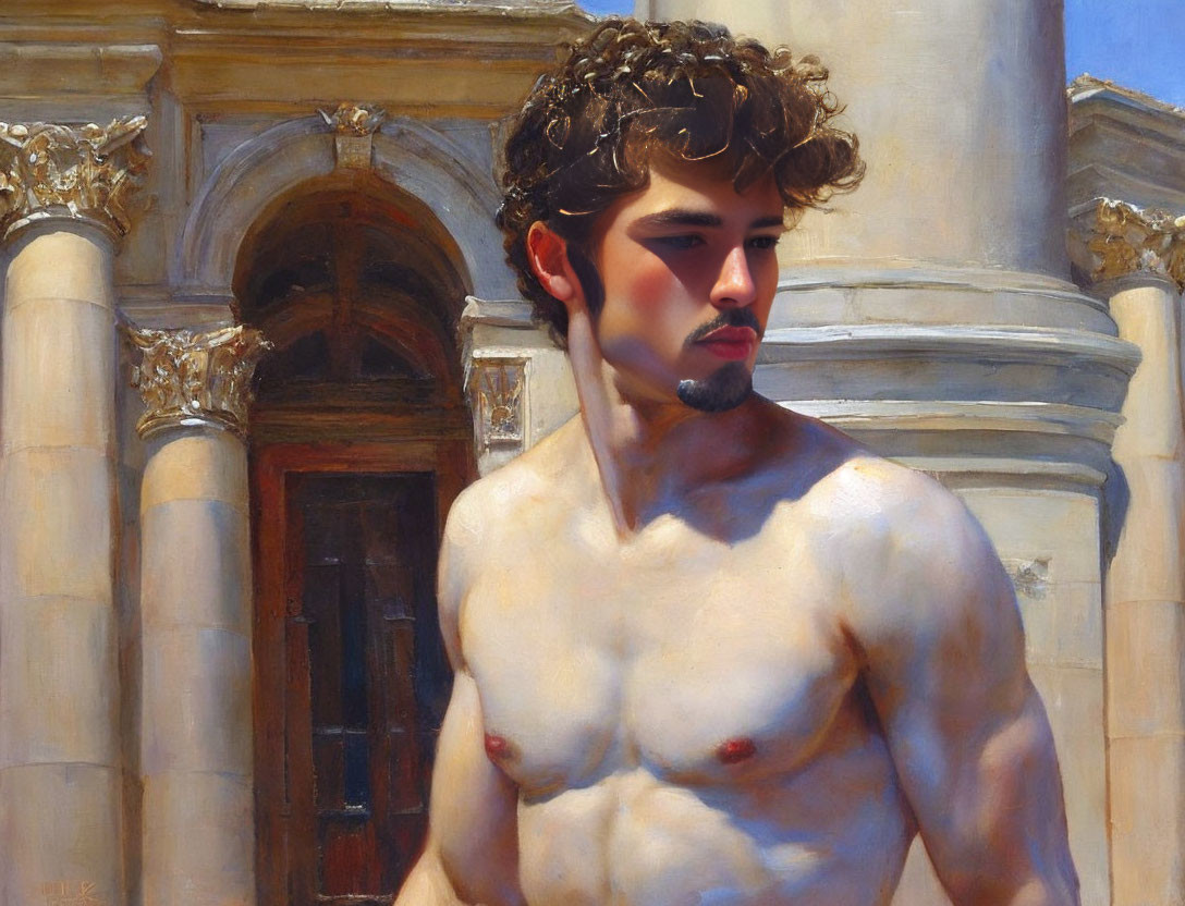 Realistic painting of muscular man by classical building