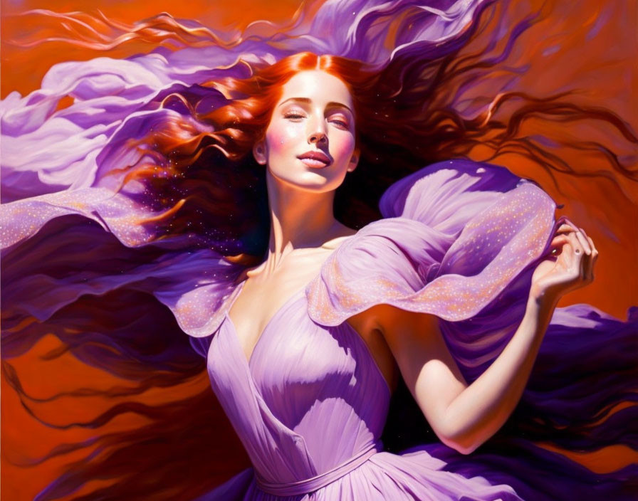 Woman with Orange Hair in Lavender Dress Surrounded by Vibrant Swirls