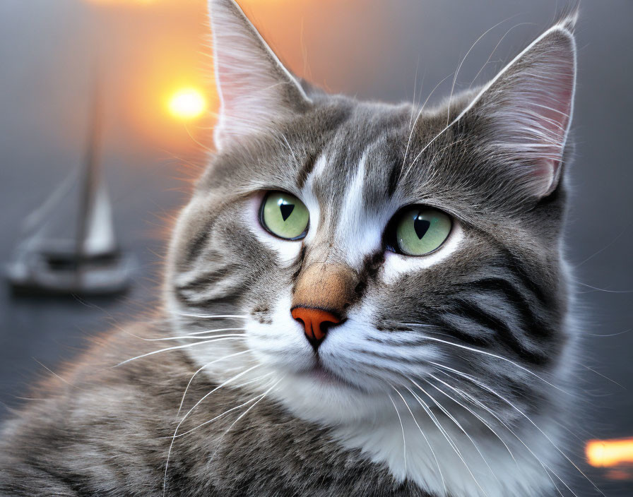 Fluffy grey cat with green eyes and sailboat sunset background