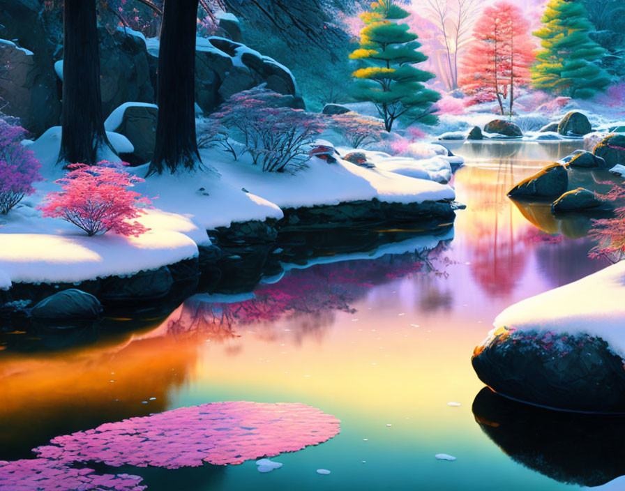 Snow-covered winter landscape with colorful trees, tranquil river, and magical sunset glow