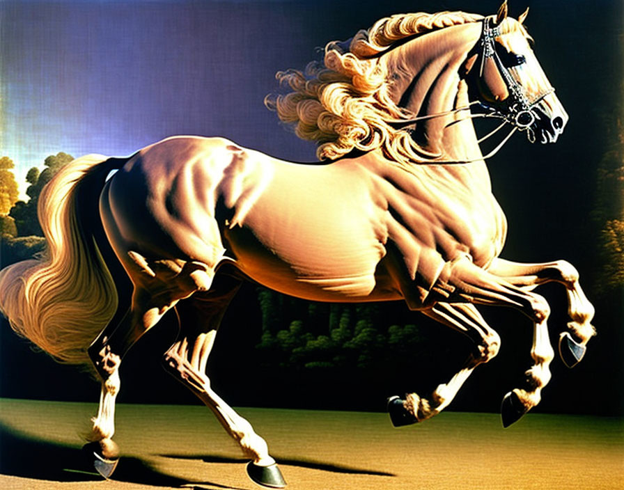 Majestic palomino horse with flowing mane and tail galloping against dark backdrop