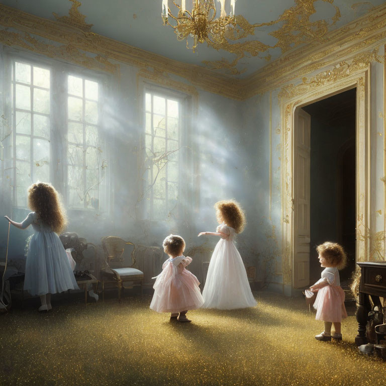 Children playing in ornate sunlit room with golden accents