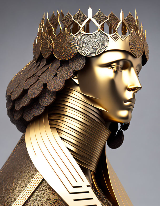 Golden ornate sculpture of regal figure in intricate crown with scale-like textures.