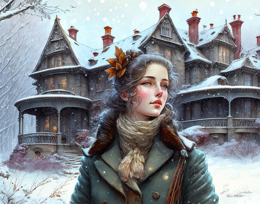 Woman with flower in hair by snow-covered Victorian house