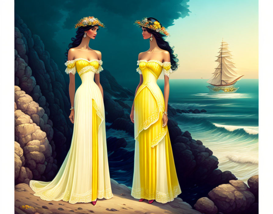 Animated women in yellow dresses on rocky shore with sailing ship.