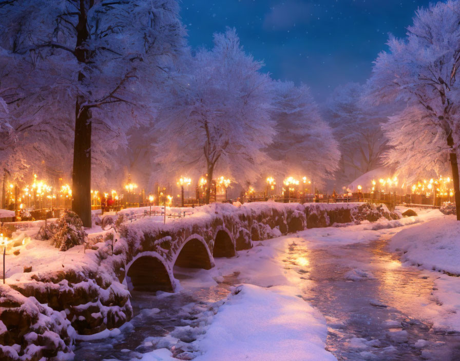 Snow-covered trees and stone bridge in serene winter night scene