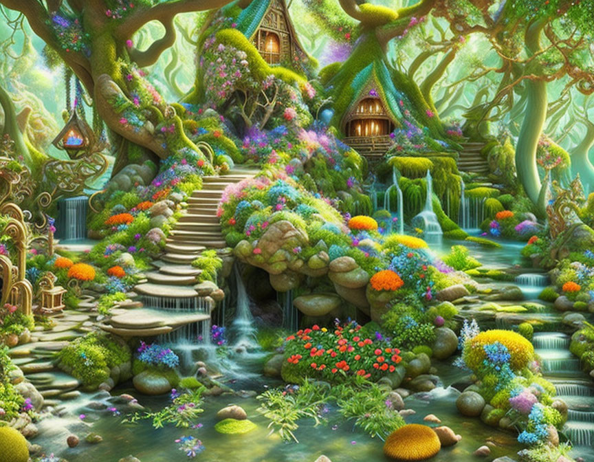 Vibrant Fantasy Forest with Waterfalls and Treehouses