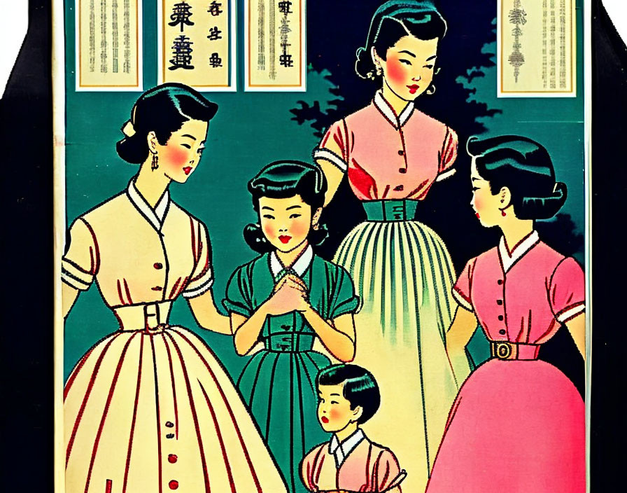 Vintage Illustration of Four Asian Women in Traditional Attire with Text Panels