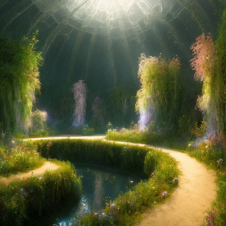 Ethereal garden with curved path, pond, and dome-like structure