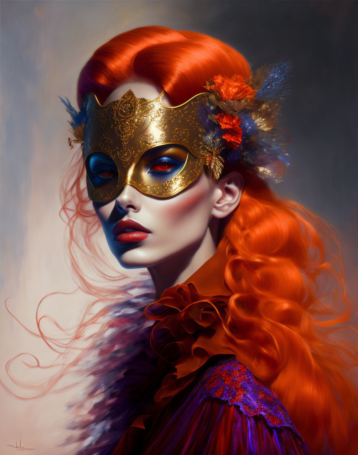 Vibrant red-haired woman with golden mask and blue eyes