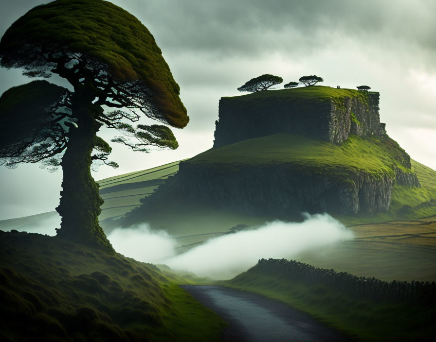 Misty hill with winding road and prominent tree