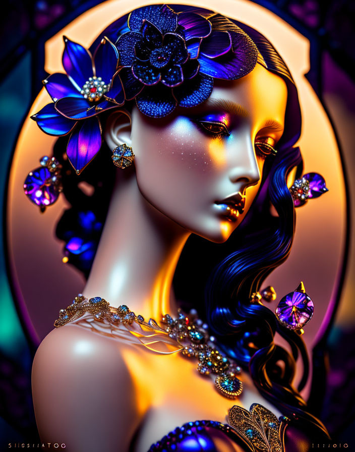 Digital portrait of woman in blue and purple hues with floral jewelry on decorative background