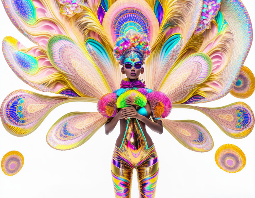 Colorful Carnival Attire with Feathers and Mask on White Background