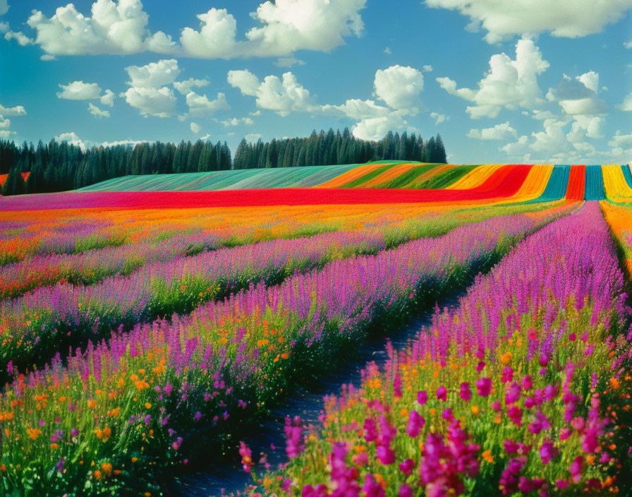 Colorful Flower Field with Trees and Blue Sky