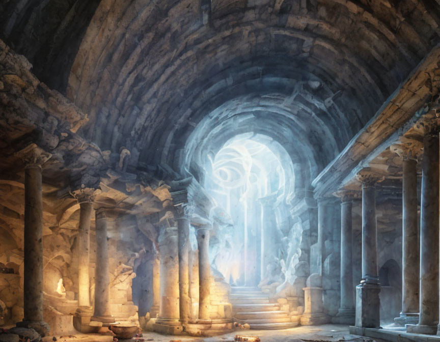 Ethereal ancient temple with swirling light and stone columns