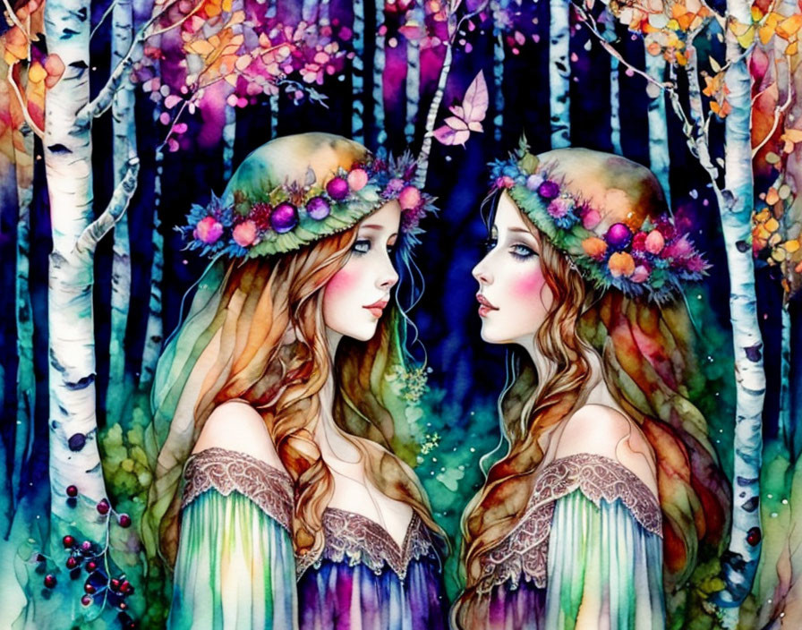 Illustrated women with floral crowns in whimsical forest setting