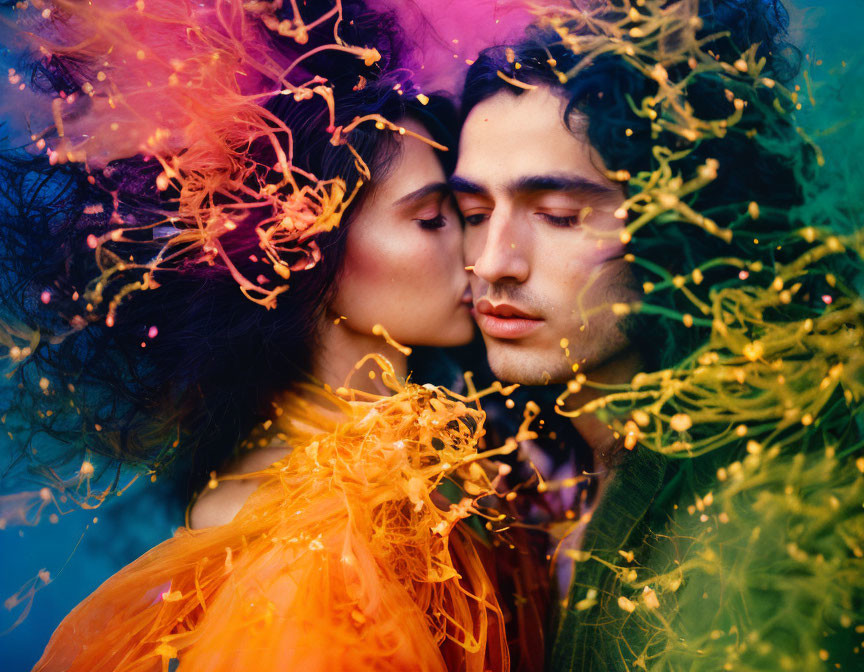 Couple Embracing in Vibrant Powder Explosion