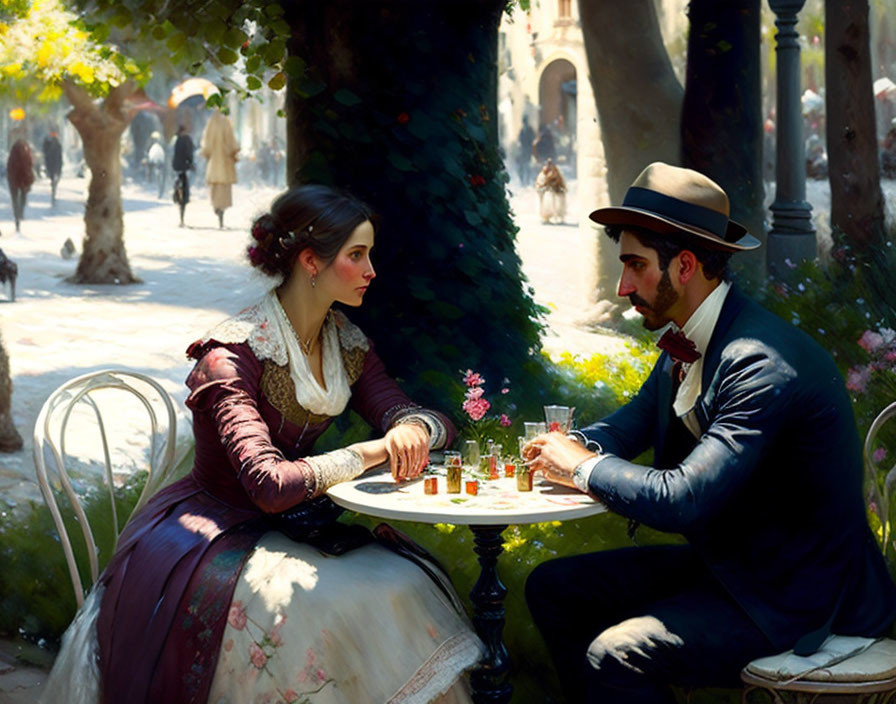 Victorian-era couple conversing at outdoor cafe with lush greenery