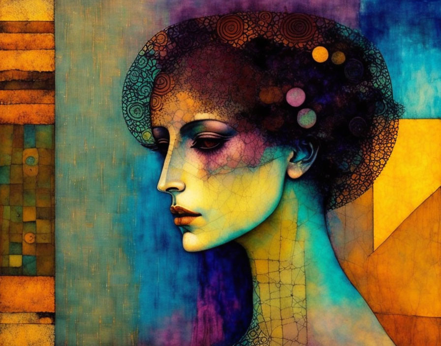 Colorful Woman's Profile with Ornate Headpiece on Geometric Background