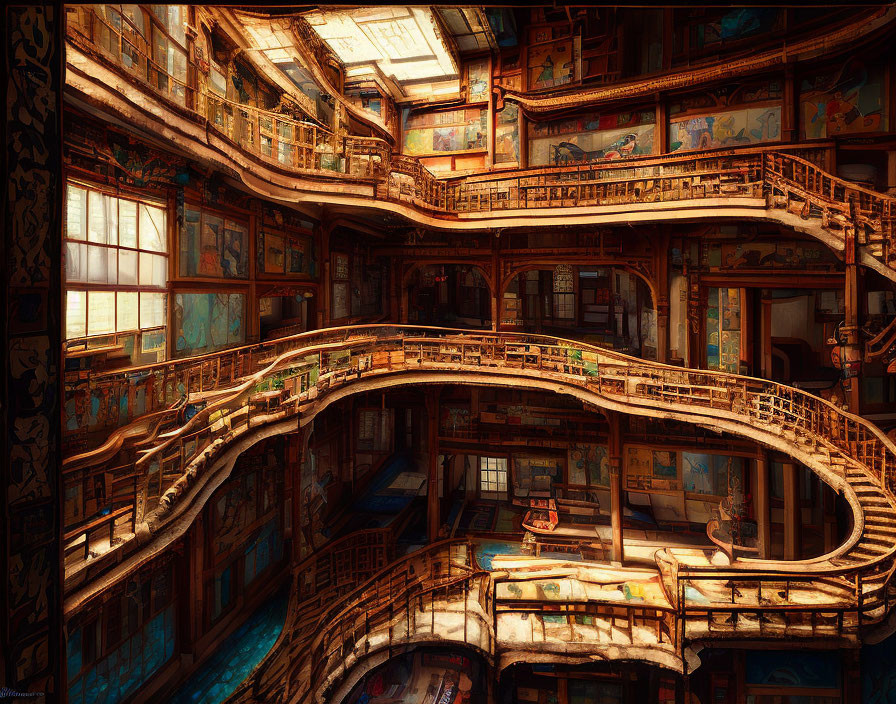 Ornate multi-level library with woodwork, murals, and natural light