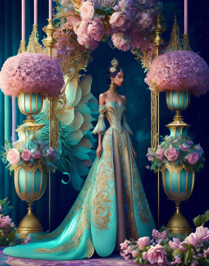 Majestic woman in turquoise and gold gown in luxurious room