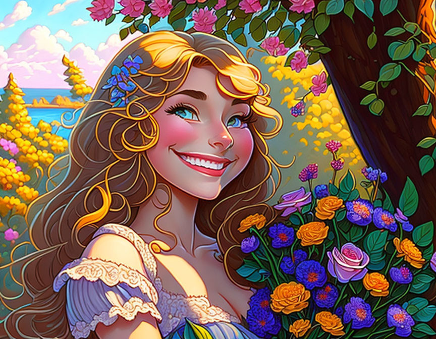 Colorful animated lady with blue flower-adorned hair holding bouquet in vibrant landscape