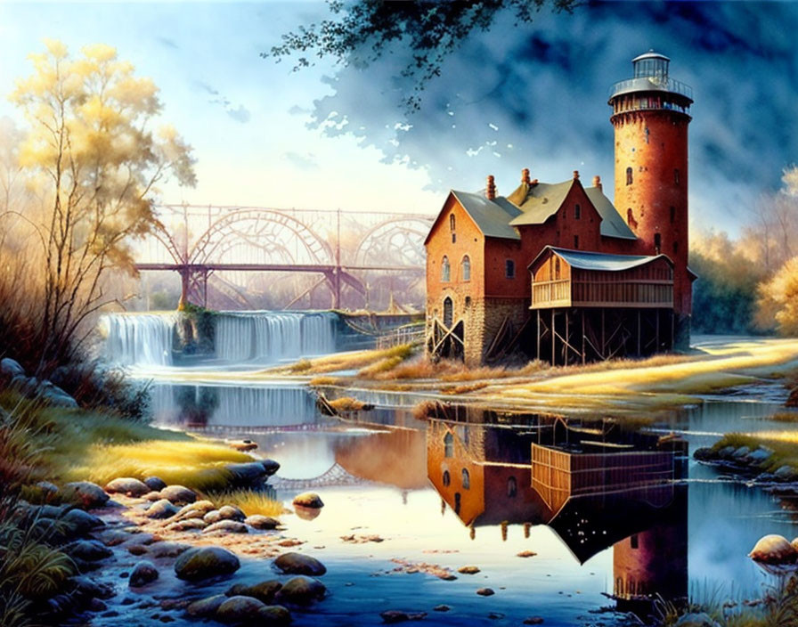 Rustic red-brick mill with waterwheel, waterfall, and lighthouse in serene landscape