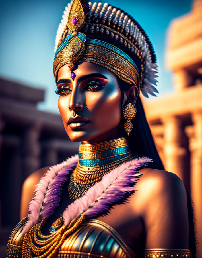 Ornately adorned woman in dramatic makeup against warm-toned backdrop