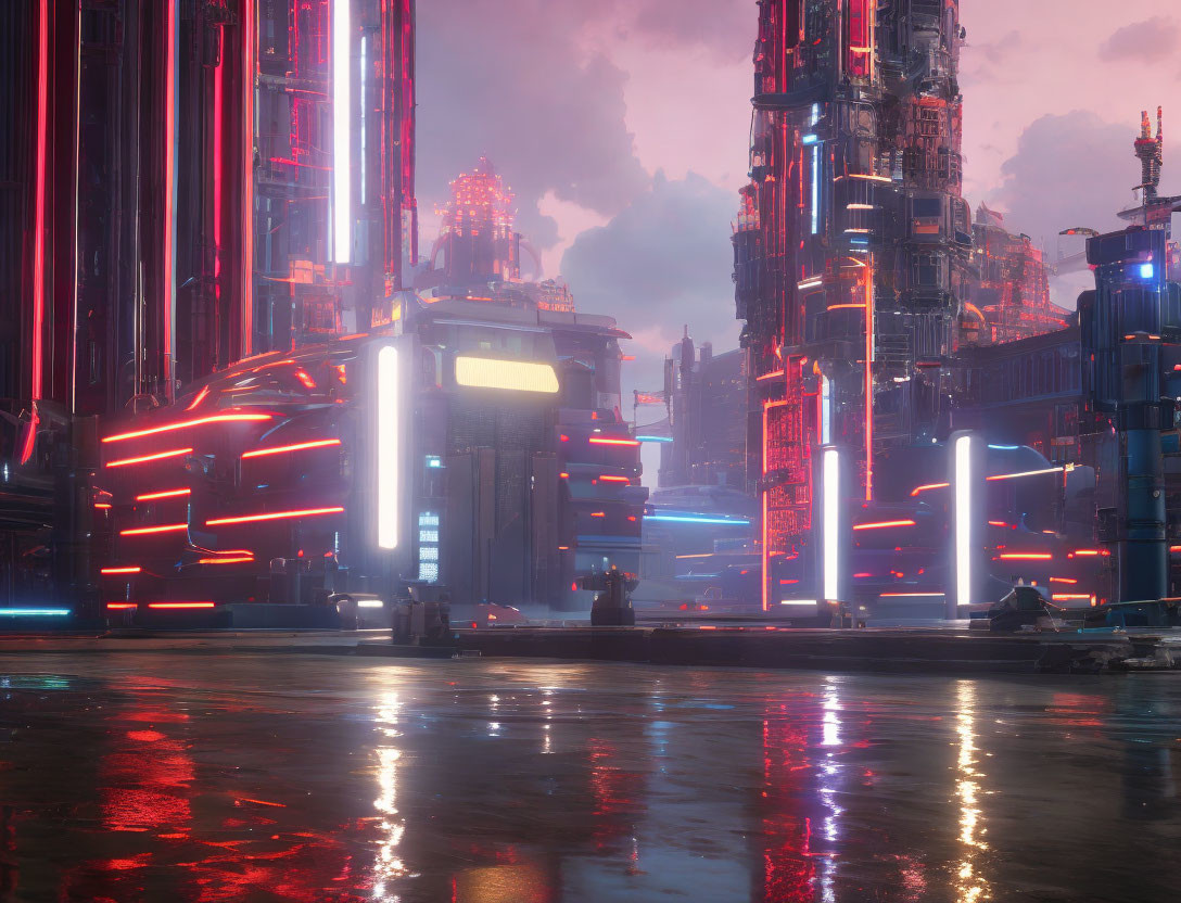 Futuristic cityscape with neon lights and skyscrapers at dusk