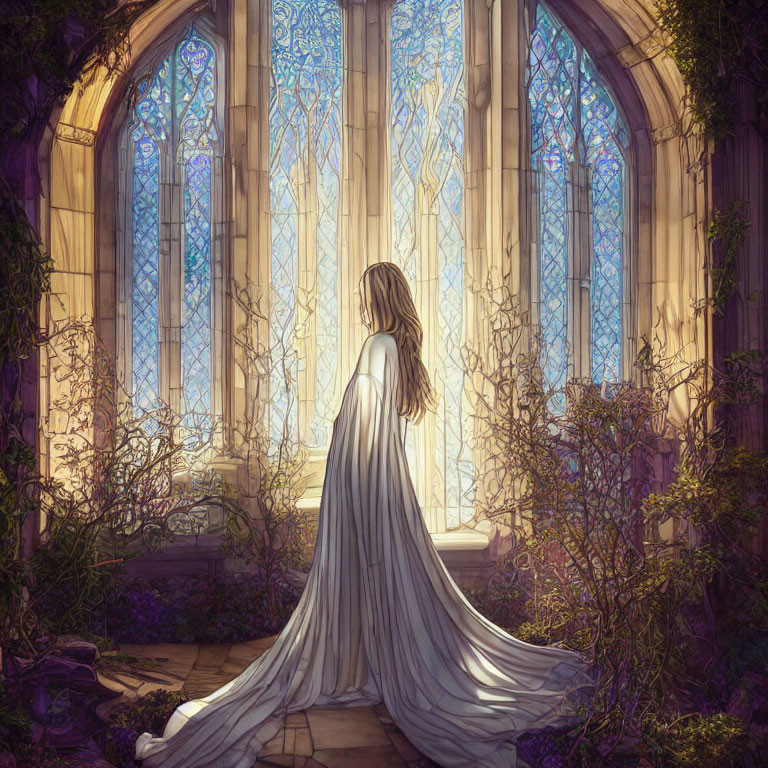 Woman in Long White Gown Stands by Stained Glass Window