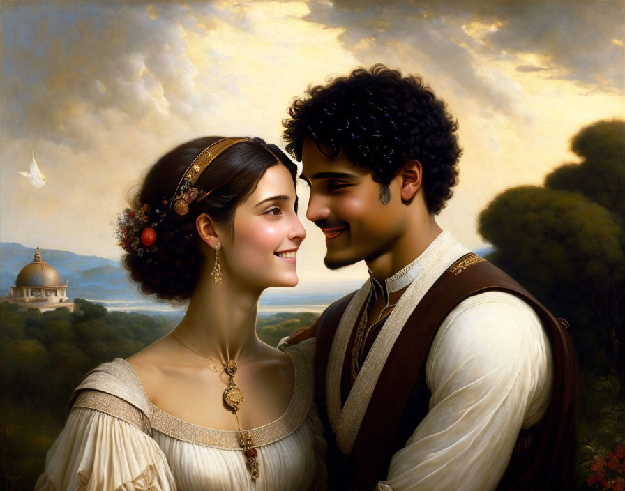 Young couple in historical attire smiling in serene landscape.