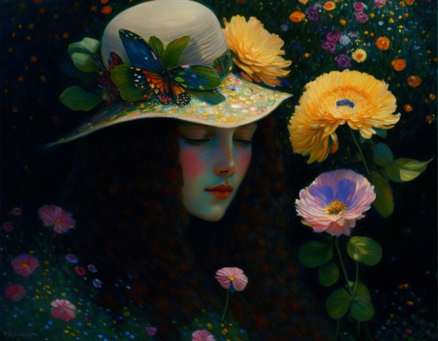 Dark-haired woman with floral hat in colorful night garden