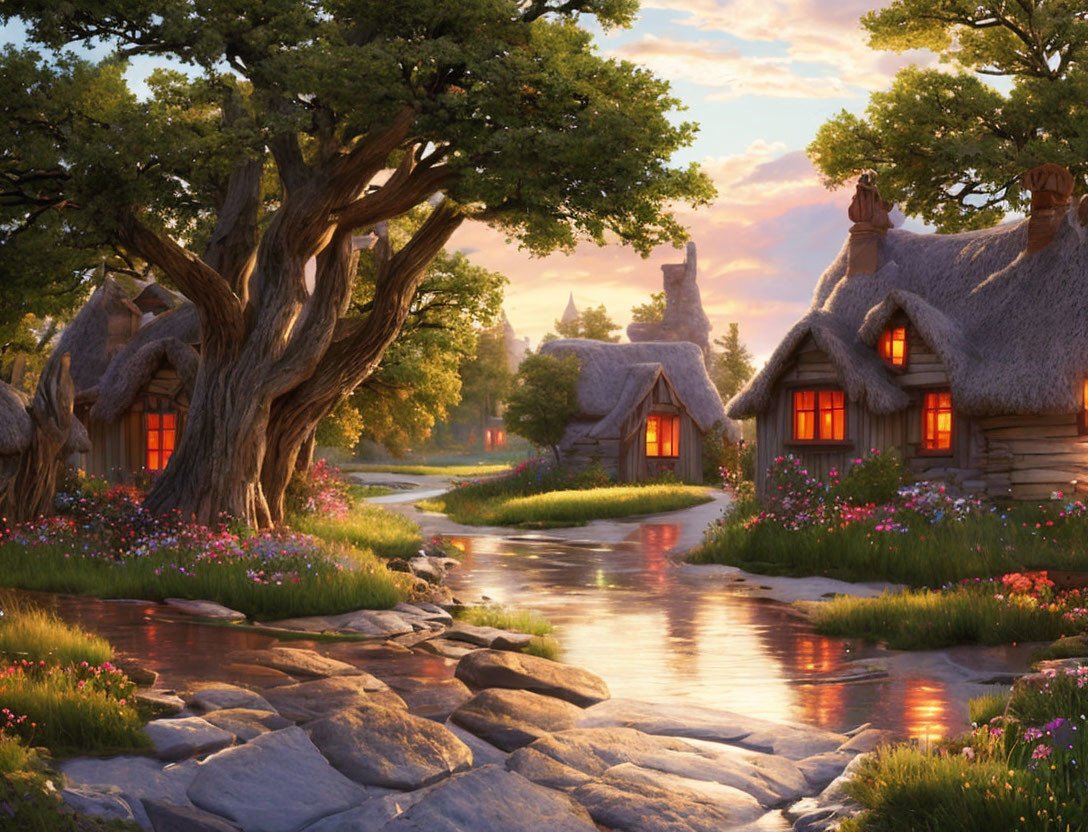 Picturesque Thatched-Roof Village by Serene Stream at Sunset