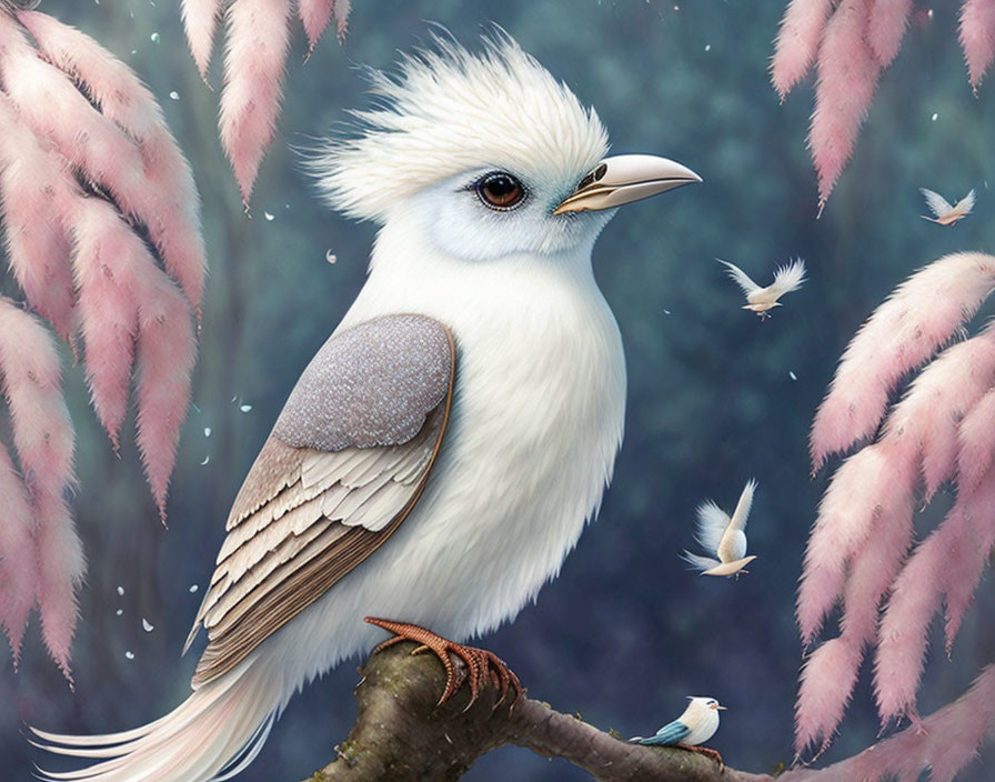 White bird with fluffy crest on branch surrounded by pink plants & tiny birds in fantastical scene