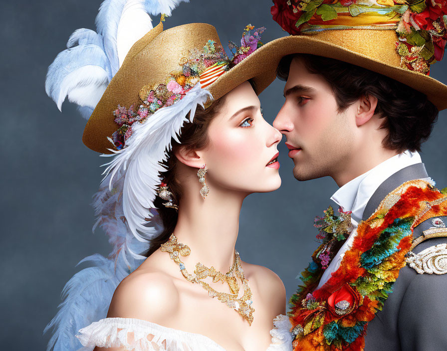 Couple in ornate costumes with decorated hats against gray background