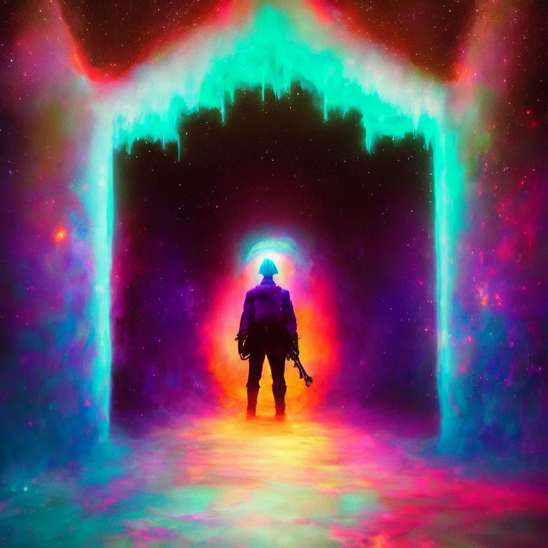 Astronaut in front of vibrant cosmic portal