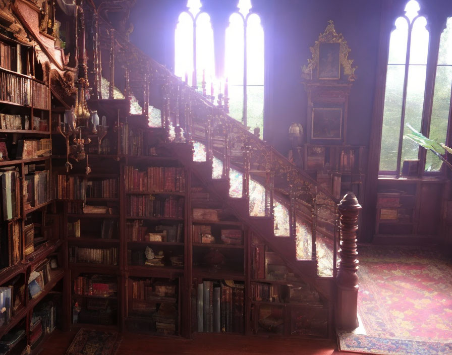 Vintage library with wooden staircase, book-filled shelves, and sunlight through gothic windows.