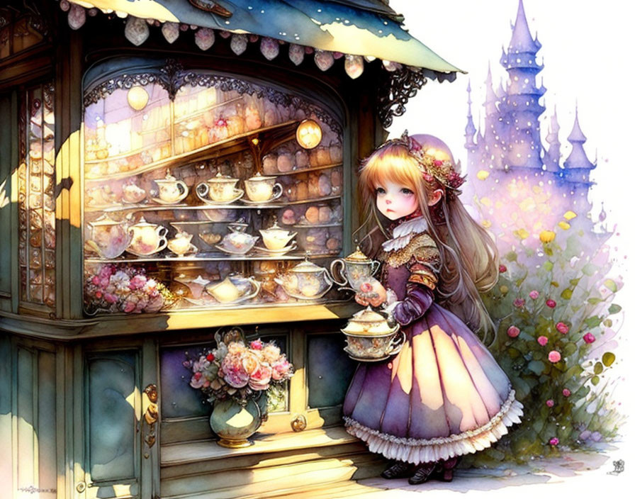 Historical girl with ornate teacups by wooden cart and castle backdrop