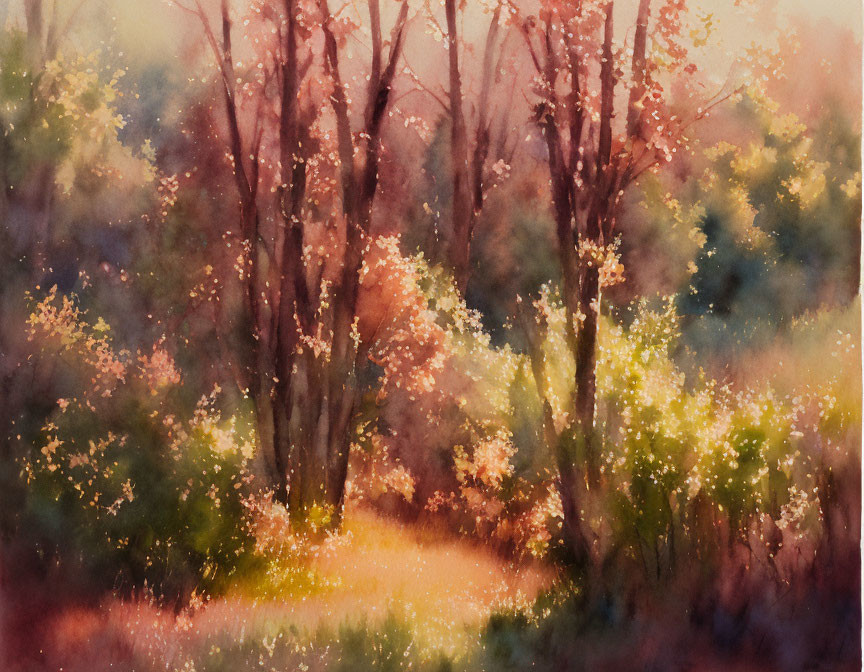 Vibrant woodland watercolor painting with sunlight filtering through trees