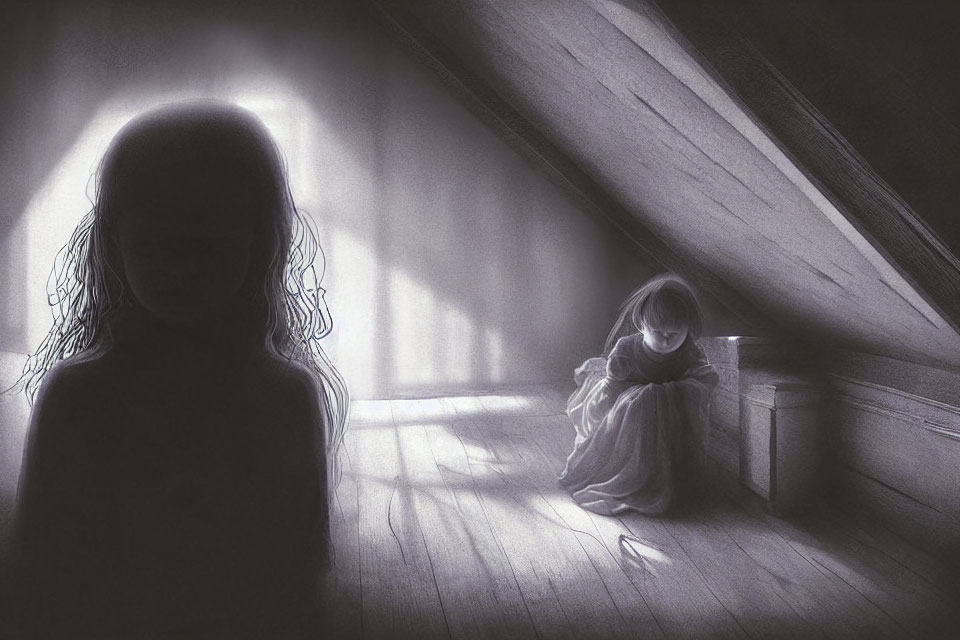 Monochrome image of shadowy figure and child in softly lit corridor